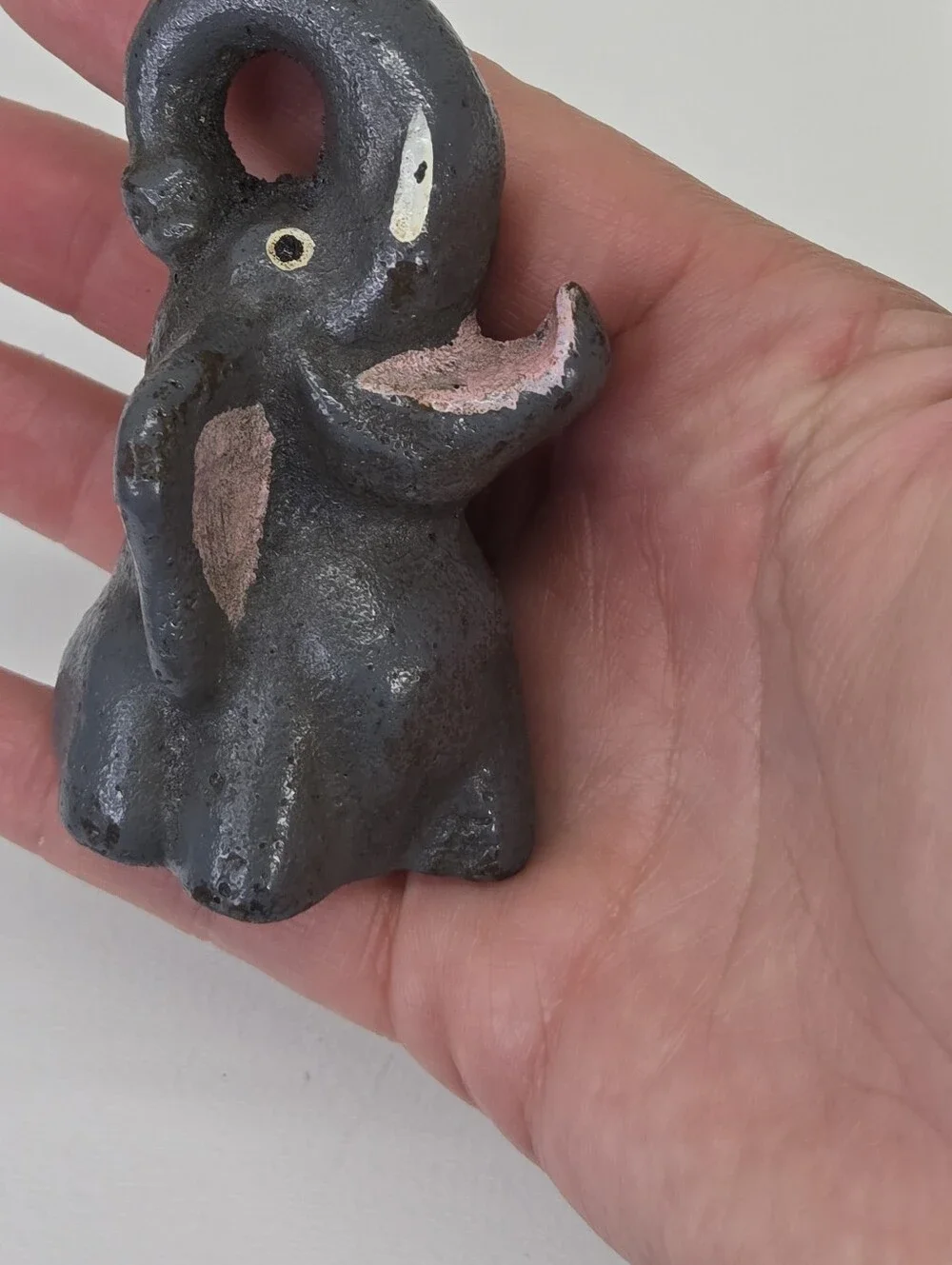 VTG Cast Iron Elephant Bottle Opener‎ Figural Paperweight Trunk Up Pink Mouth #1